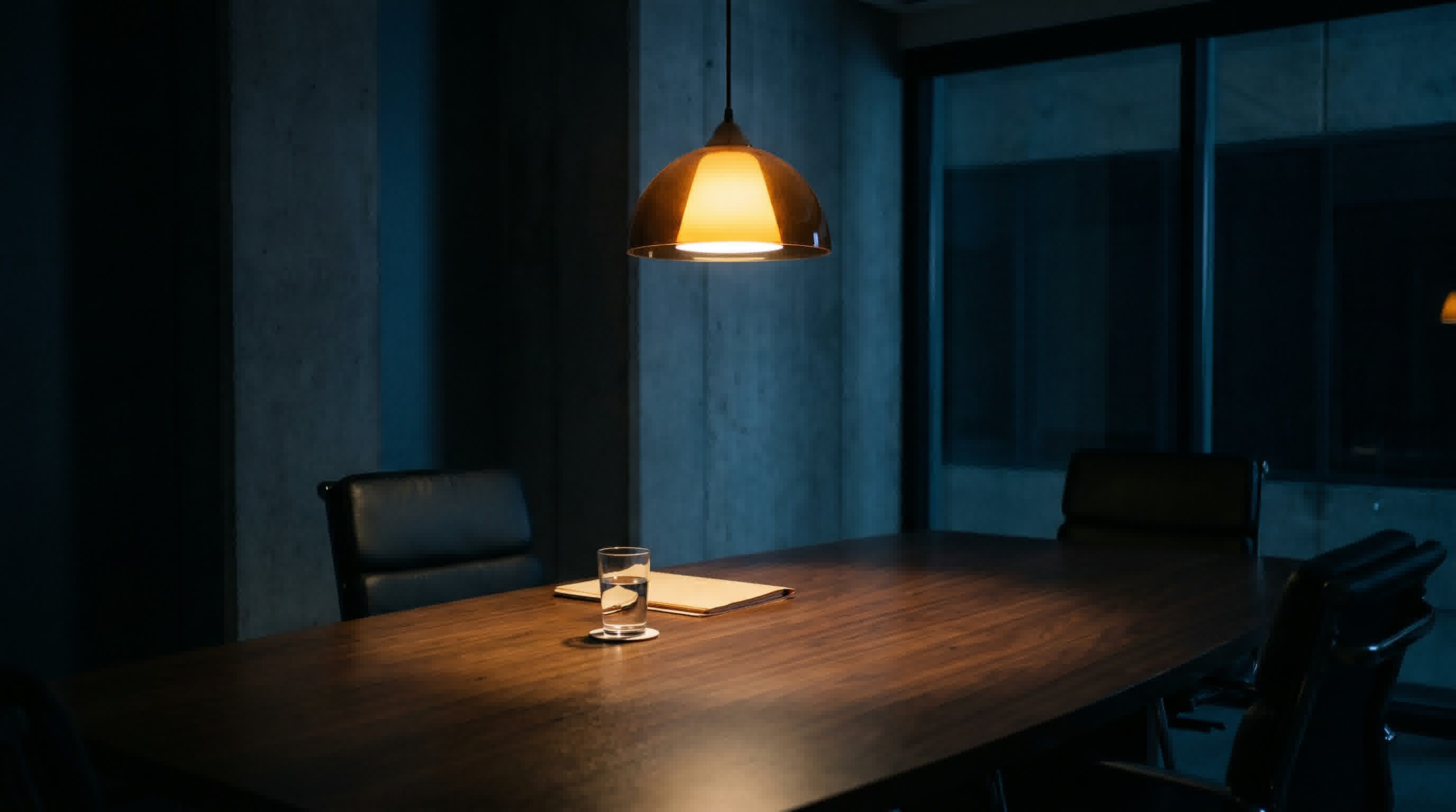 An empty leather chair at a dark minimal table under a single warm light — anticipation before the meeting begins