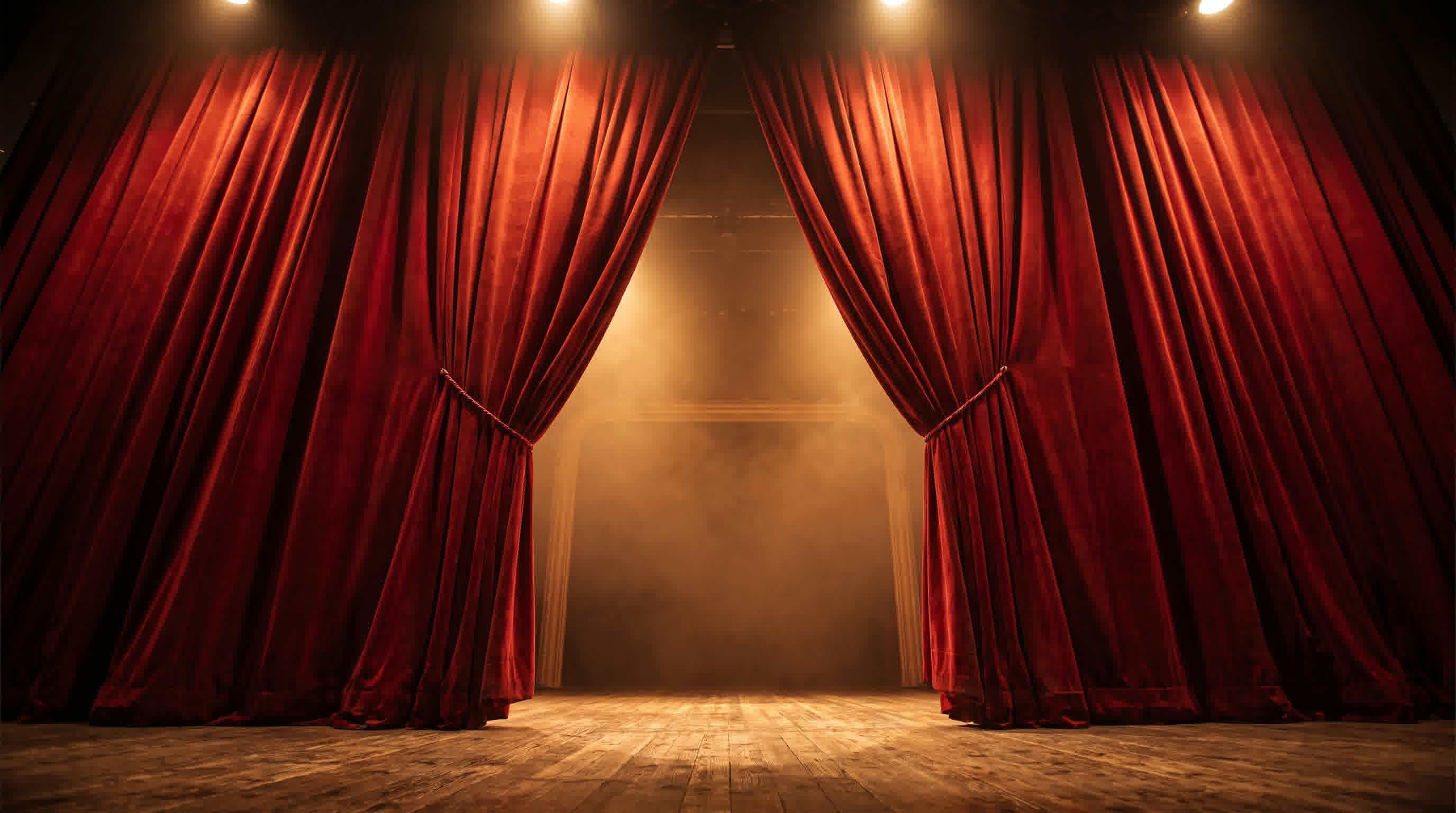 Stage curtain parting — warm amber light visible beyond, the suggestion of what comes next